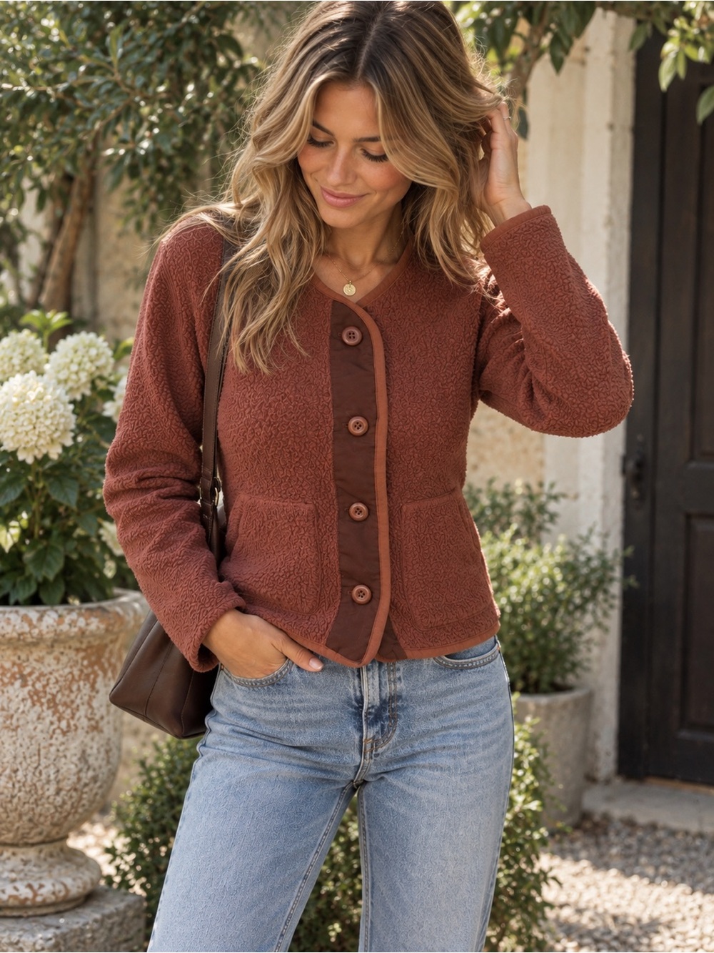 Everlane Rust Sherpa Button-Front teddy jacket